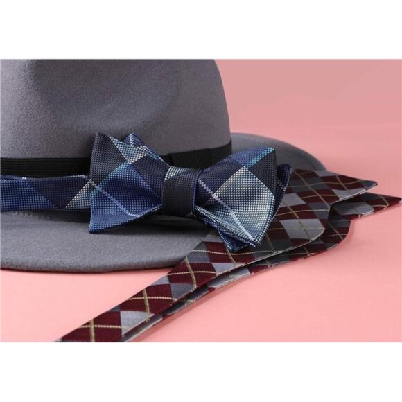 Bow Ties for Men Check Plaid Self Tie Bow Tie and Pocket Square Bowtie Formal - Picture 5 of 6